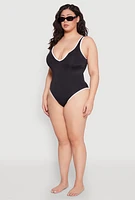Womens Plus Size Contrast Trim Plunge One Piece Swimsuit, Black, Size 1X