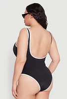 Womens Plus Size Contrast Trim Plunge One Piece Swimsuit, Black, Size 1X