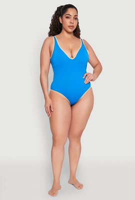 Womens Plus Size Plunge Contrast Trim Swimsuit, Blue, Size 1X