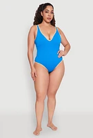 Womens Plus Size Plunge Contrast Trim Swimsuit, Blue, Size 1X