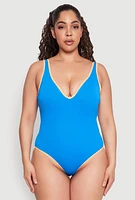 Womens Plus Plunge Contrast Trim Swimsuit, Blue,