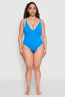 Womens Plus Size Plunge Contrast Trim Swimsuit, Blue, Size 1X