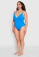Womens Plus Size Plunge Contrast Trim Swimsuit, Blue, Size 1X
