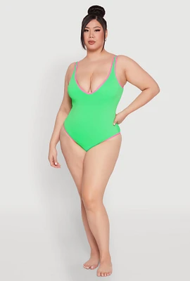 Womens Plus Size Plunge Contrast Trim One Piece Swimsuit, Green, Size 2X