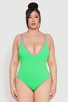 Womens Plus Size Plunge Contrast Trim One Piece Swimsuit, Green, Size 2X