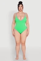 Womens Plus Size Plunge Contrast Trim One Piece Swimsuit, Green, Size 2X