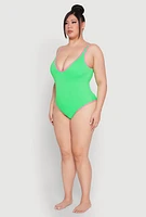 Womens Plus Size Plunge Contrast Trim One Piece Swimsuit, Green, Size 2X