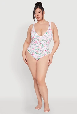 Womens Plus Size Palm Tree Tropical Print One Piece Swimsuit, Multi, Size 3X
