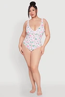 Womens Plus Size Palm Tree Tropical Print One Piece Swimsuit, Multi, Size 3X