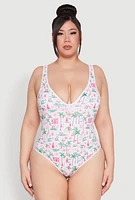 Womens Plus Size Palm Tree Tropical Print One Piece Swimsuit, Multi, Size 3X