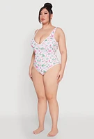 Womens Plus Size Palm Tree Tropical Print One Piece Swimsuit, Multi, Size 3X