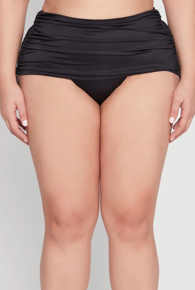 Womens Plus Size Ruched Drawstring Swim Skirt, Black, Size 2X