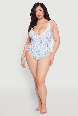 Womens Plus Size Gingham Island Print One Piece Swimsuit, Multi, Size 2X