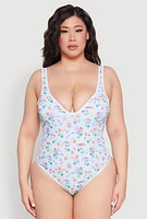 Womens Plus Size Gingham Island Print One Piece Swimsuit, Multi, Size 2X