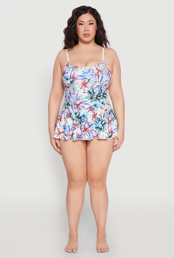 Womens Plus Size Tropical Floral Print Swim Dress, Multi, Size 14
