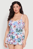 Womens Plus Size Tropical Floral Print Swim Dress, Multi, Size 14
