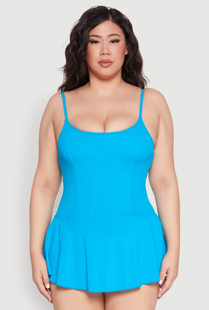 Womens Plus Size Scoop Neck Swim Dress, Blue, Size 14