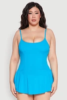Womens Plus Size Scoop Neck Swim Dress, Blue, Size 14