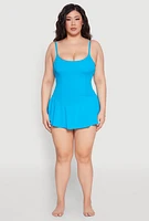 Womens Plus Size Scoop Neck Swim Dress, Blue, Size 14