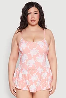 Womens Plus Size Floral Print Swim Dress, Pink, Size 14