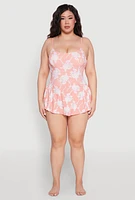 Womens Plus Floral Print Swim Dress, Pink,