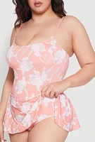 Womens Plus Size Floral Print Swim Dress, Pink, Size 14