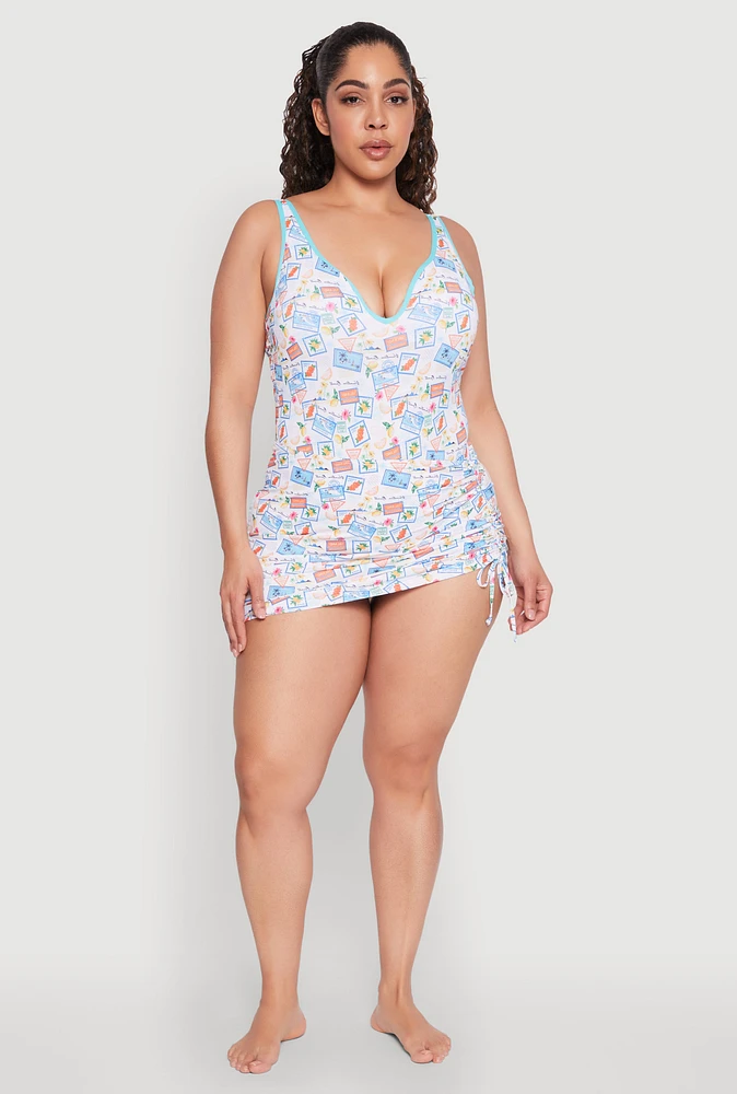 Womens Plus Size Tropical Stamp Print Sarong Cover Up, Multi, Size 2X