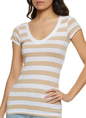 Womens Striped Pattern V Neck T Shirt,