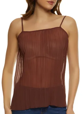Womens Sheer Pleated Cami, Brown, Size S