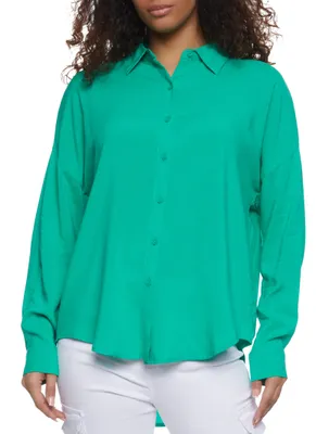 Womens Basic Button Front Blouse, Green, Size S
