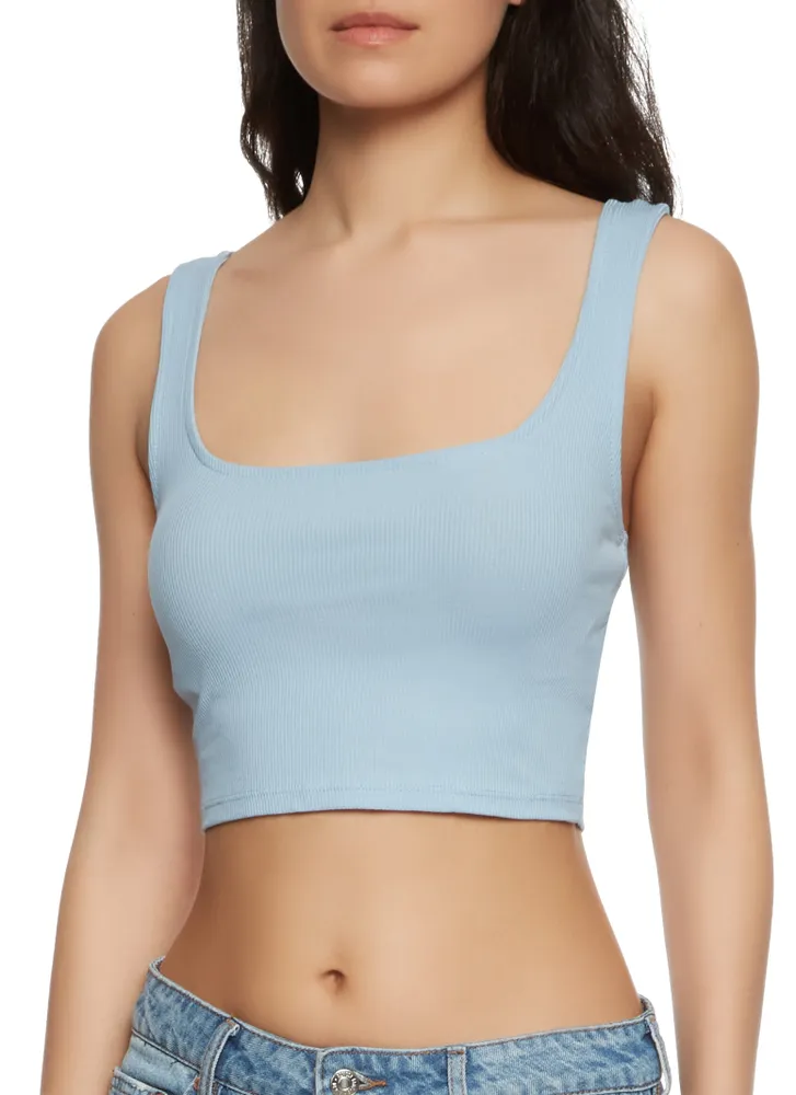 Womens Basic Ribbed Knit Seamless Cropped Tank Top, Blue, Size M