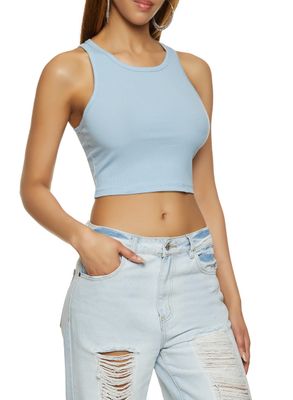 Womens Ribbed Racerback Cropped Tank Top, Blue, Size L