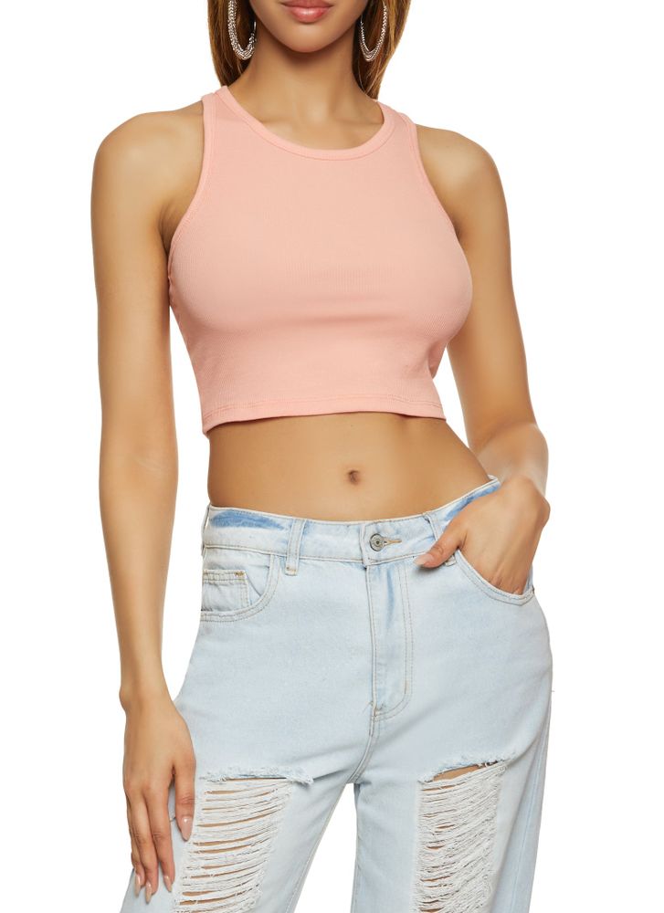 Womens Ribbed Racerback Cropped Tank Top, Pink, Size L