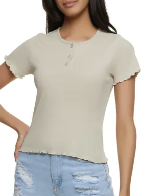 Womens Ribbed Lettuce Trim Henley Top,
