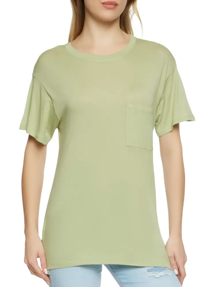 Womens One Pocket Crew Neck Tee, Green, Size S