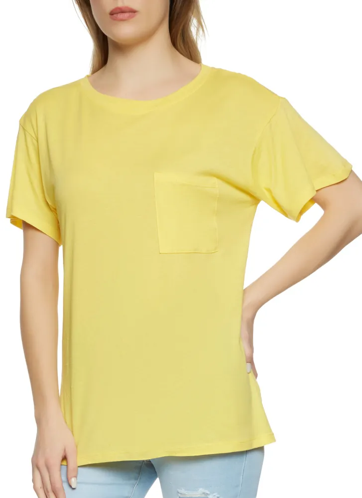 Womens One Pocket Crew Neck Tee, Yellow, Size S