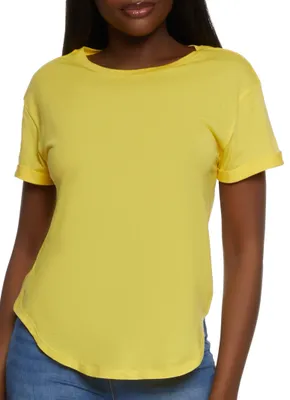 Womens Rolled Cuff Basic Tee, Yellow, Size S