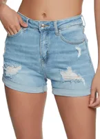 Womens WAX Rolled Cuff Distressed Denim Shorts, Blue,