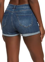Womens WAX Rolled Cuff Distressed Denim Shorts, Blue,