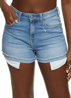 Womens WAX Rolled Cuff Exposed Pocket Denim Shorts, Blue, Size S