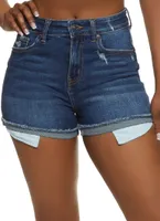 Womens WAX Rolled Cuff Exposed Pocket Denim Shorts, Blue, Size S