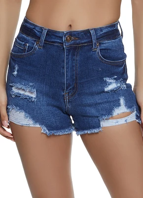 Womens WAX Frayed Denim Shorts, Blue,