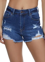 Womens WAX Frayed Denim Shorts, Blue,