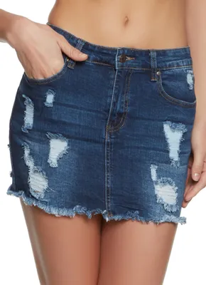 Womens WAX Distressed Denim Skirt, Blue,