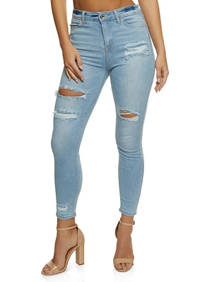 Womens WAX High Waisted Distressed Skinny Jeans, Blue,