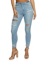 Womens WAX High Waisted Distressed Skinny Jeans, Blue,