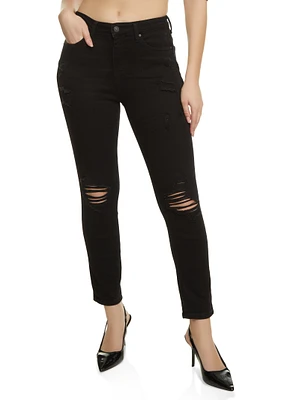 Womens WAX Distressed Skinny Jeans, Black,