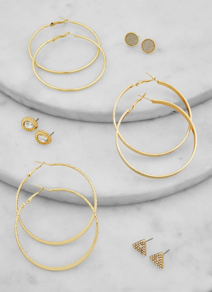 Womens Set of 6 Rhinestone Stud and Hoop Earrings, Gold