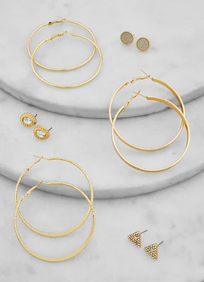 Womens Set of 6 Rhinestone Stud and Hoop Earrings, Gold