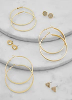 Womens Set of 6 Rhinestone Stud and Hoop Earrings, Gold